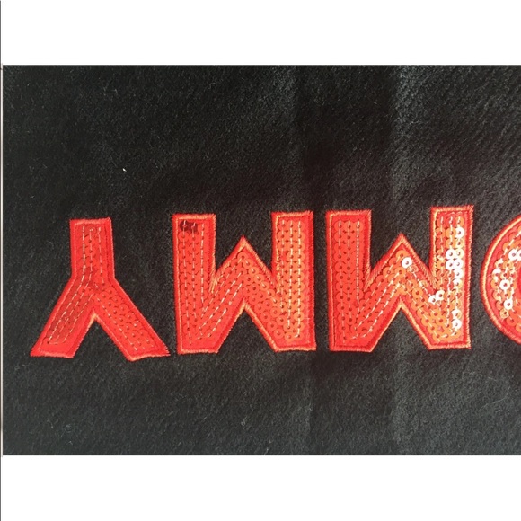 New Tommy Hilfiger Tommy Sequinned Scarf Black Red Fringed Winter - Picture 4 of 9